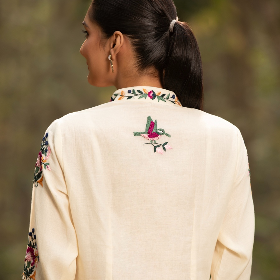 shop Hand Embroidered Chanderi - Kurta with Cigarette Pant, Organza Dupatta (Set of 3)