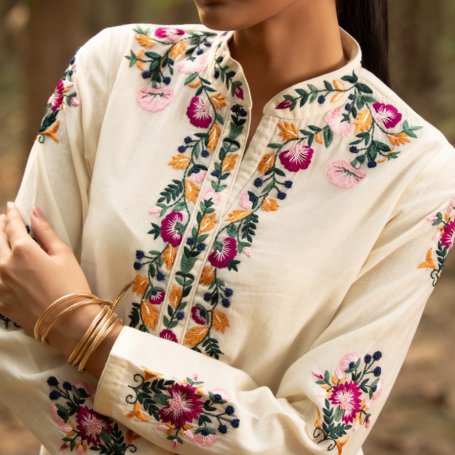 shop Hand Embroidered Chanderi - Kurta with Cigarette Pant, Organza Dupatta (Set of 3)