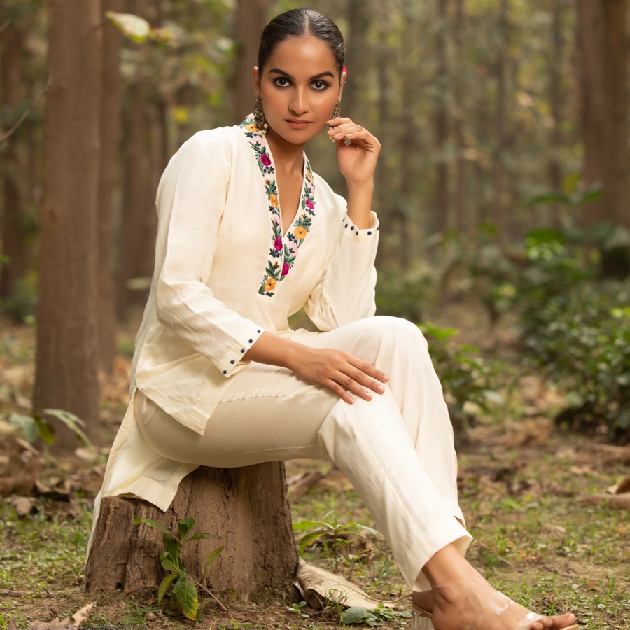shop Hand Embroidered Chanderi Co - Ord Set - Tunic Paired with Straight Fitted Pant (Set of 2)