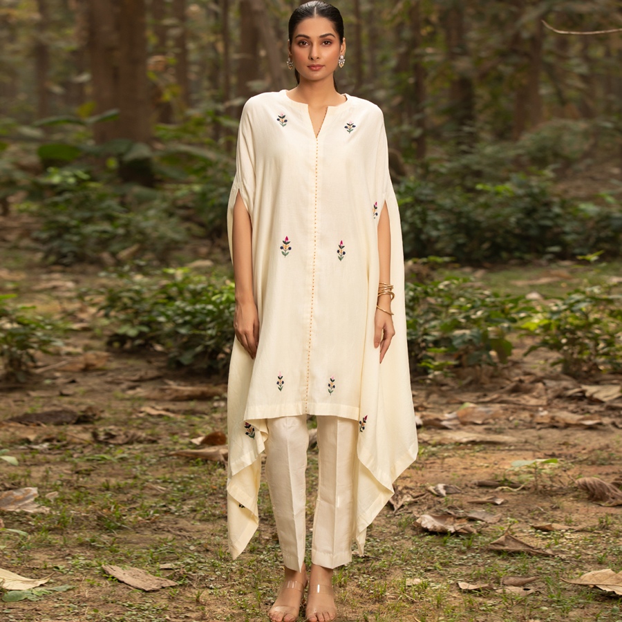 shop Hand Embroidered Chanderi Kaftan with Pant (Set of 2)