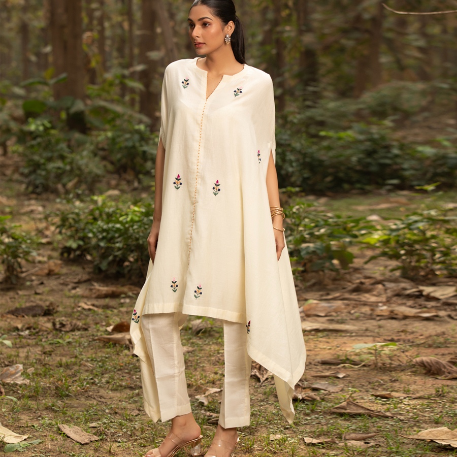 shop Hand Embroidered Chanderi Kaftan with Pant (Set of 2)