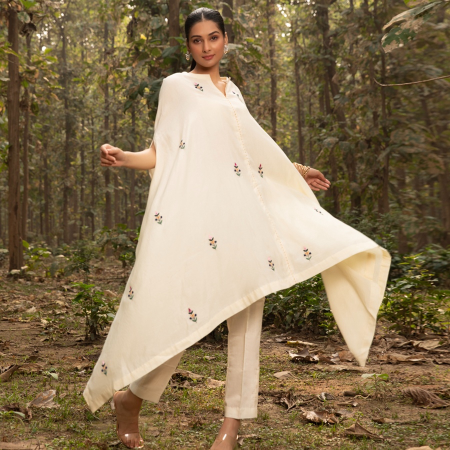 shop Hand Embroidered Chanderi Kaftan with Pant (Set of 2)