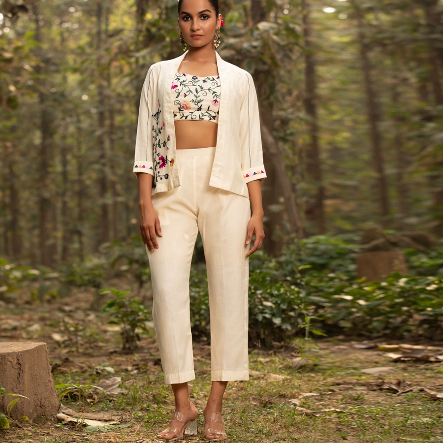 shop Hand Embroidered Chanderi -  Jacket, Blouse & Paired Pant (Set of 3)