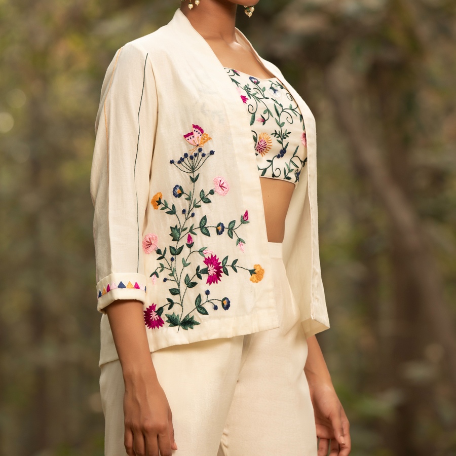 shop Hand Embroidered Chanderi -  Jacket, Blouse & Paired Pant (Set of 3)
