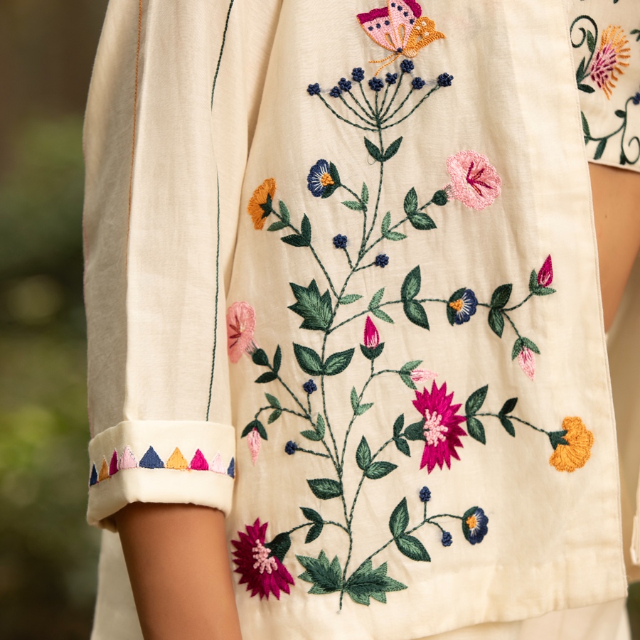 shop Hand Embroidered Chanderi -  Jacket, Blouse & Paired Pant (Set of 3)