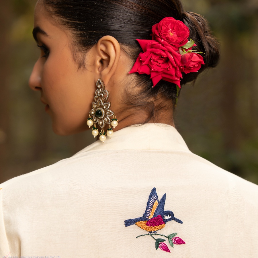 shop Hand Embroidered Chanderi -  Jacket, Blouse & Paired Pant (Set of 3)