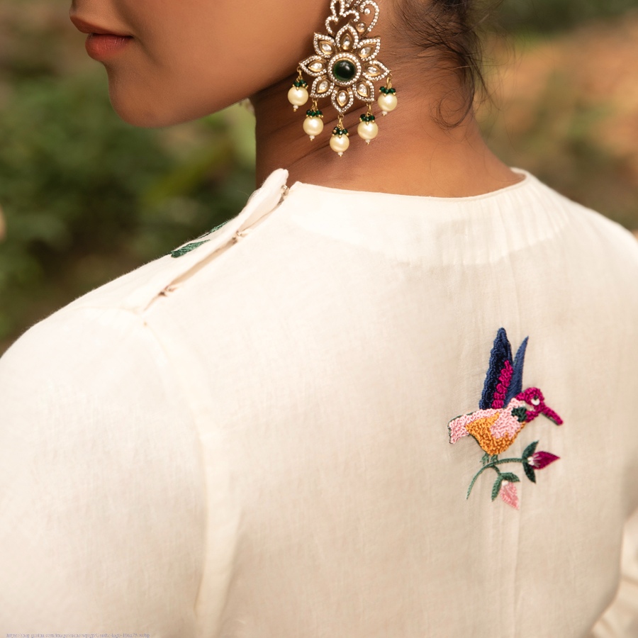 shop Hand Embroidered Chanderi - Tunic Paired with Straight Pant (Set of 2)