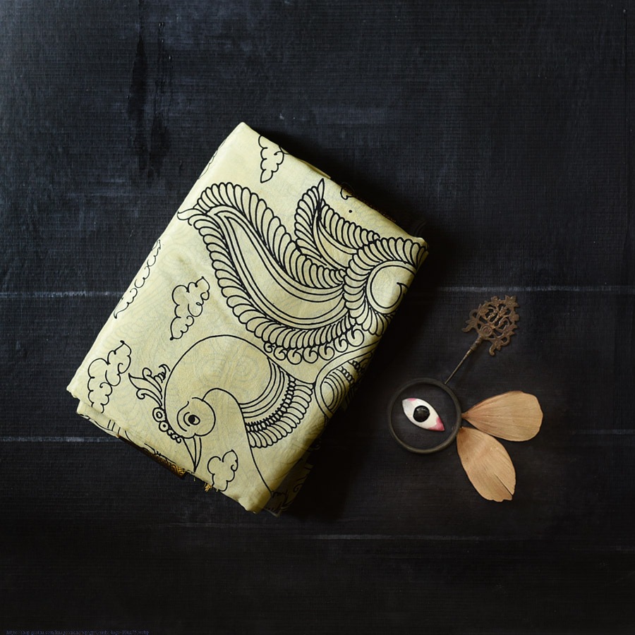 shop Handmade ~ Kalamkari Silk Saree - Peacock Motif