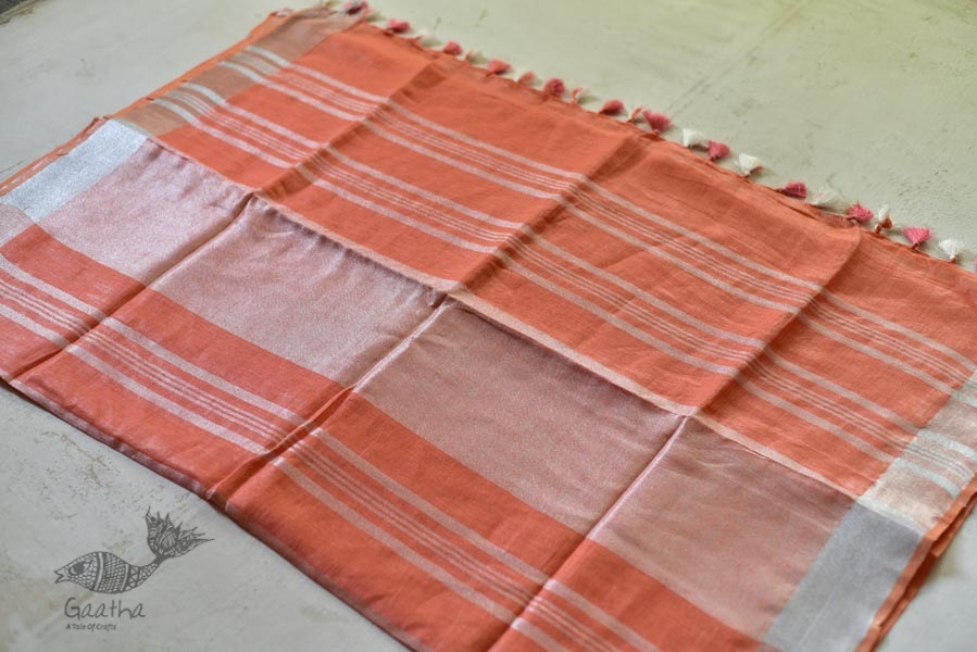 handloom linen peach color saree