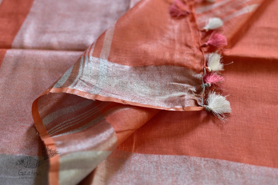 handloom linen peach color saree