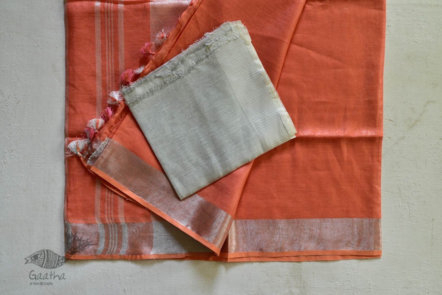 handloom linen peach color saree