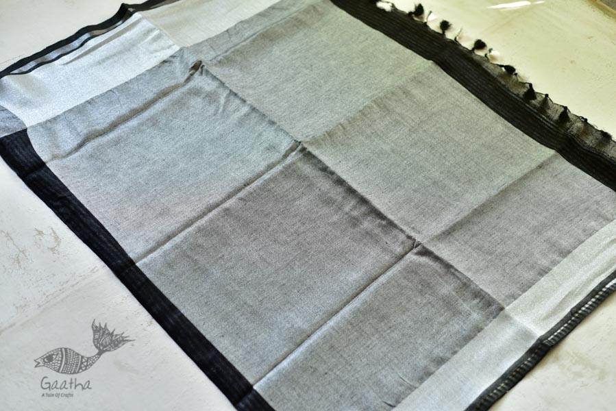 handloom linen saree - balk and silver color