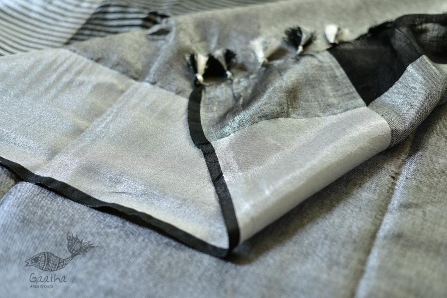 handloom linen saree - balk and silver color