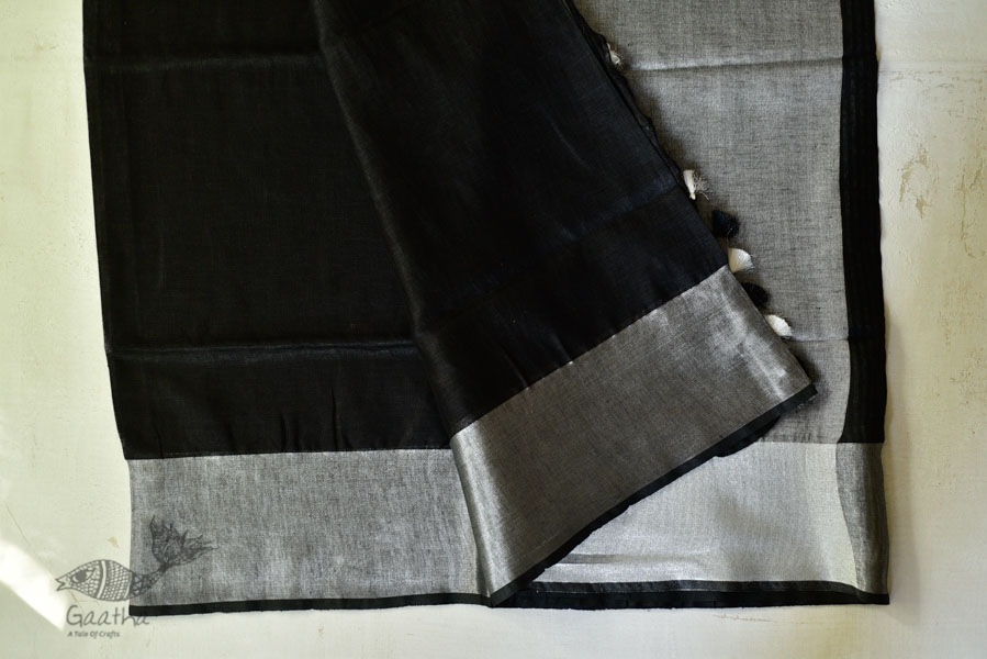handloom linen saree - balk and silver color