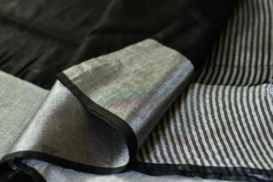 handloom linen saree - balk and silver color