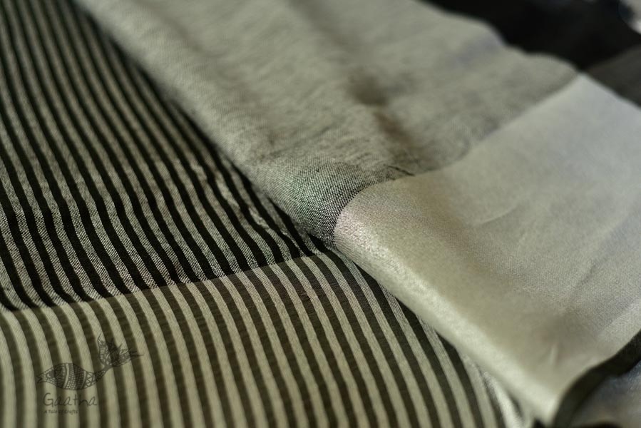 handloom linen saree - balk and silver color