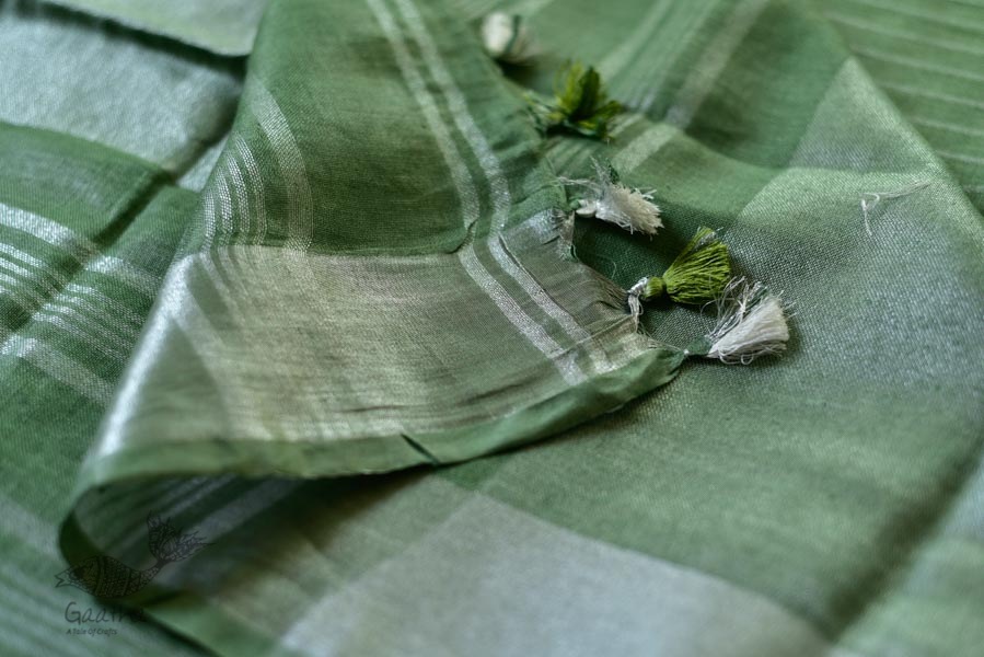 handloom linen saree - grey green color