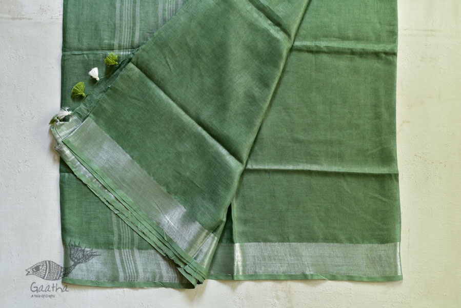 handloom linen saree - grey green color