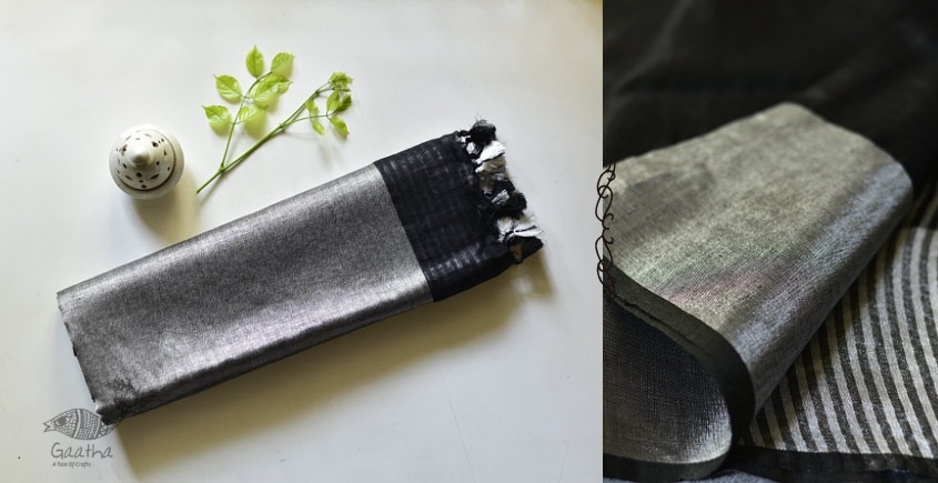 handloom linen saree - balk and silver color