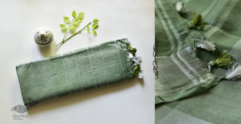 handloom linen saree - grey green color