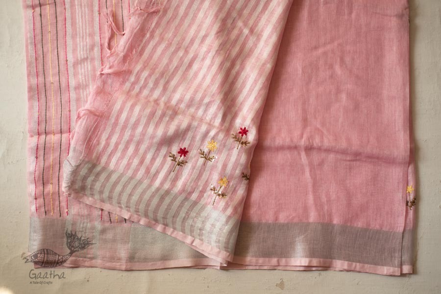 shop Handloom Linen Saree - Hand Embroidered