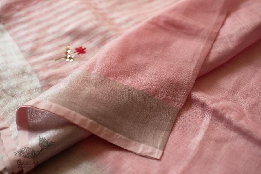 shop Handloom Linen Saree - Hand Embroidered