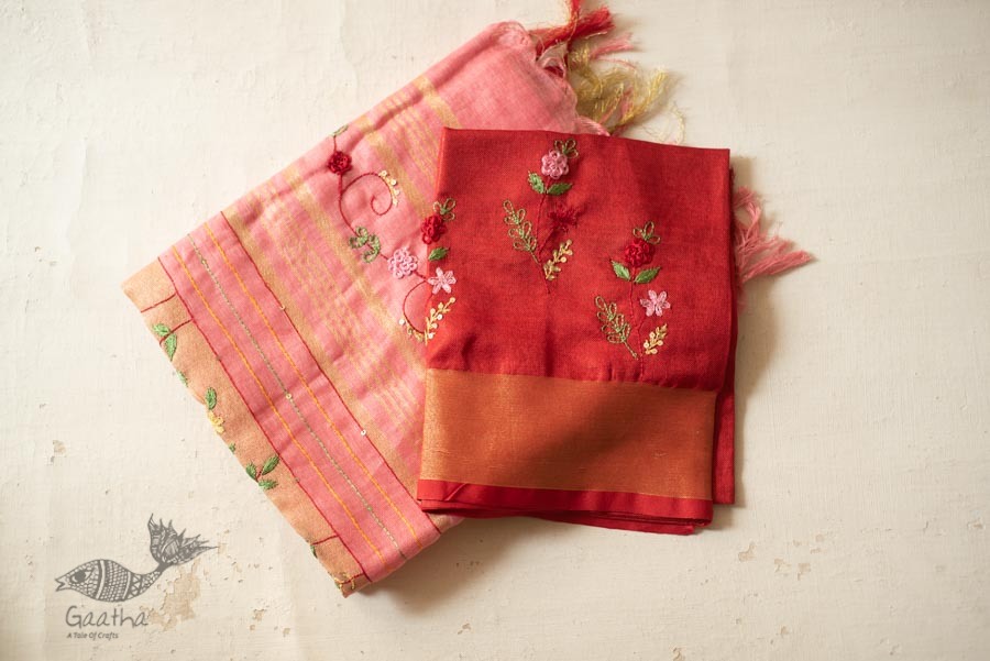 shop Handloom Linen Saree - Hand Embroidered