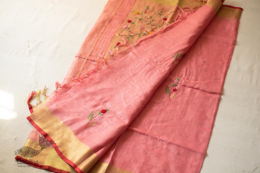 shop Handloom Linen Saree - Hand Embroidered