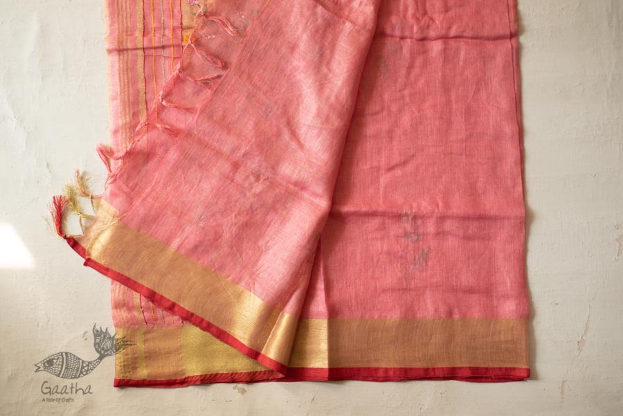 shop Handloom Linen Saree - Hand Embroidered