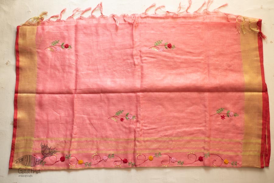 shop Handloom Linen Saree - Hand Embroidered