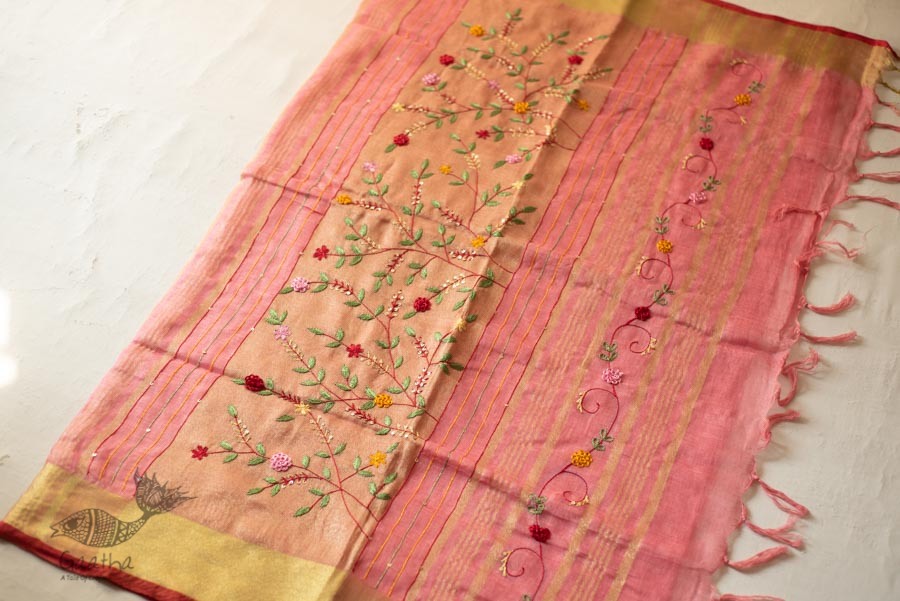 shop Handloom Linen Saree - Hand Embroidered