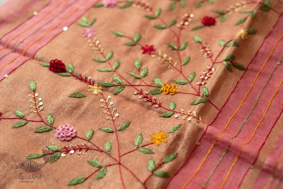 shop Handloom Linen Saree - Hand Embroidered