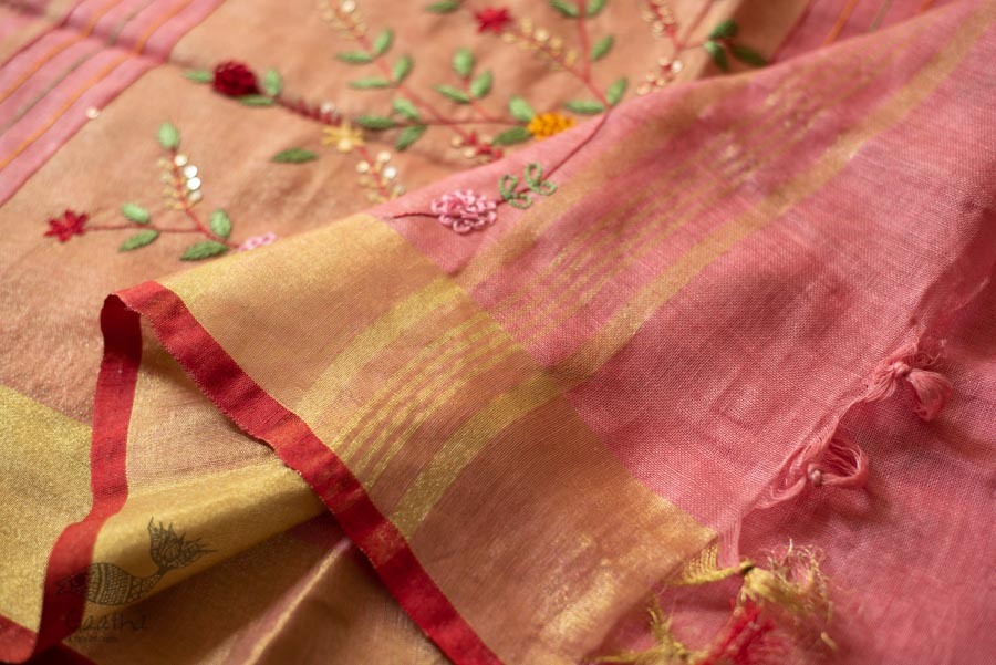 shop Handloom Linen Saree - Hand Embroidered