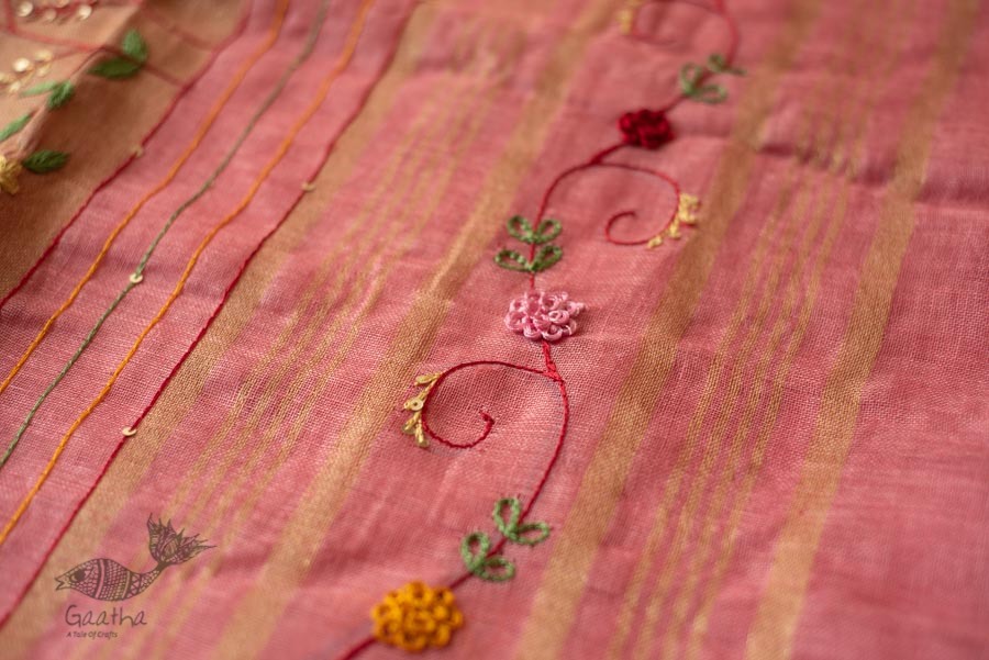 shop Handloom Linen Saree - Hand Embroidered