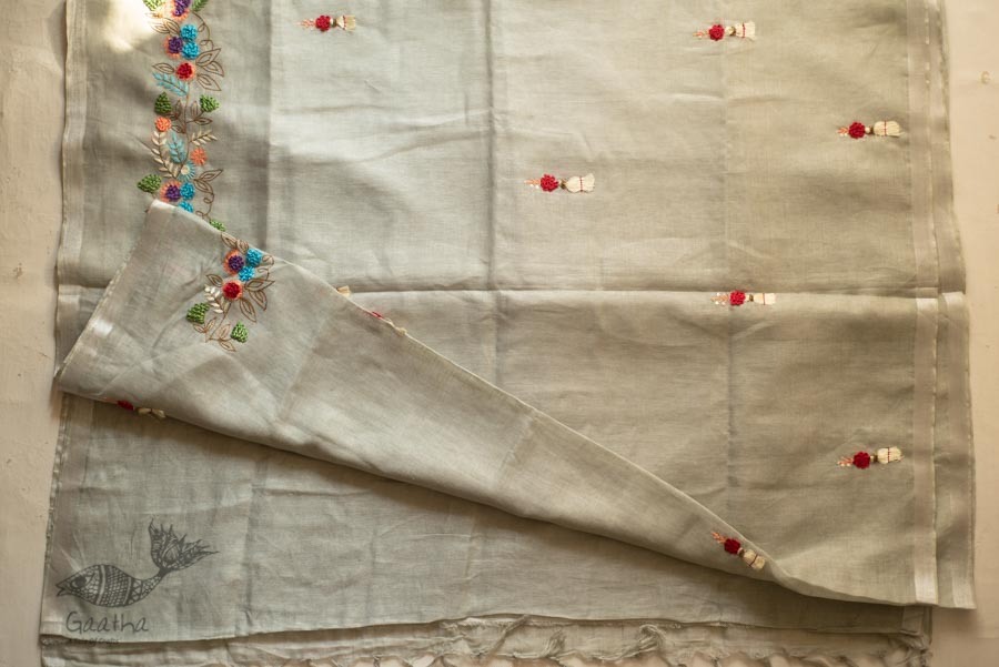 shop Handloom Linen Saree - Hand Embroidered