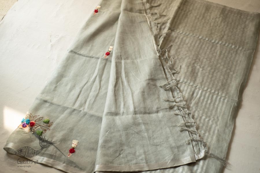 shop Handloom Linen Saree - Hand Embroidered