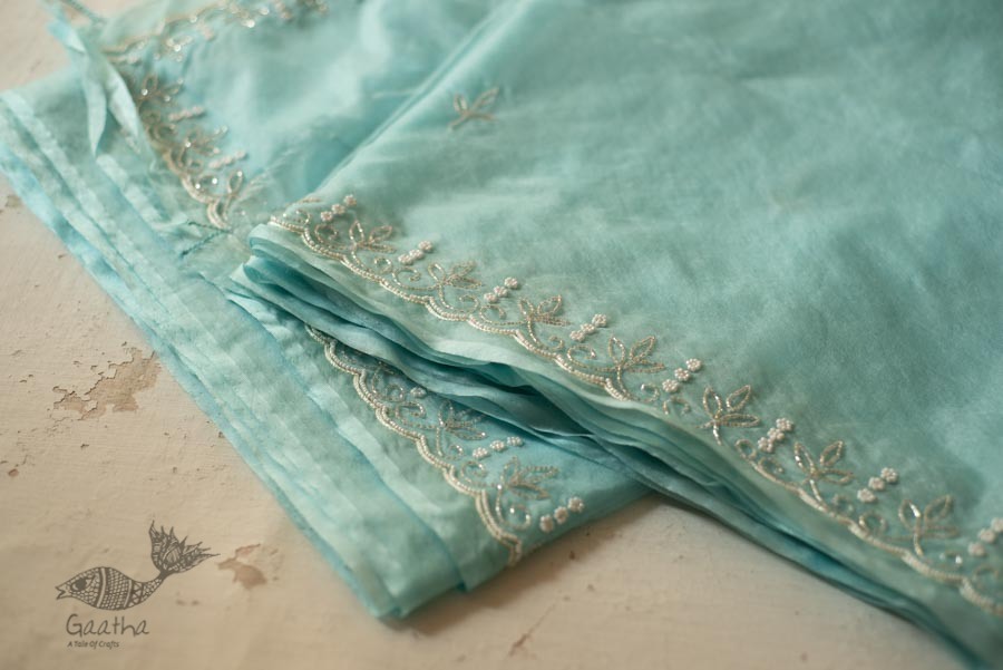 shop Handloom Organza Saree - Hand Embroidered Glass Beads