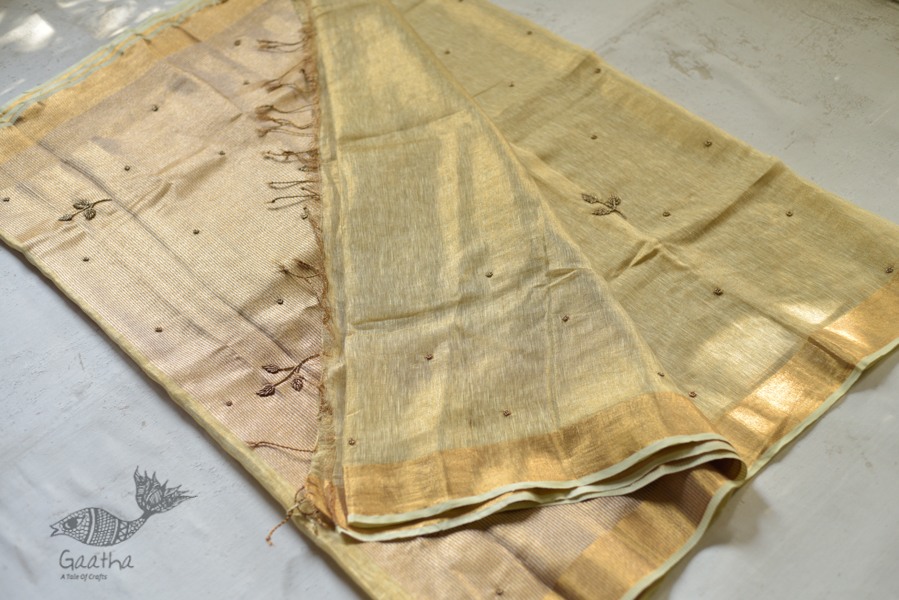 Handloom hand embroidered Linen Saree - pistachio green color