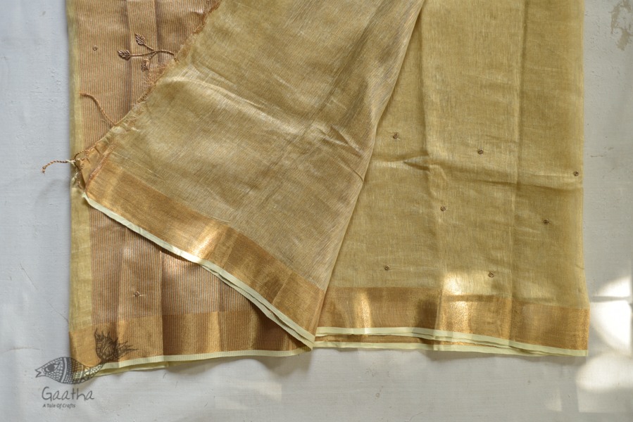 Handloom hand embroidered Linen Saree - pistachio green color