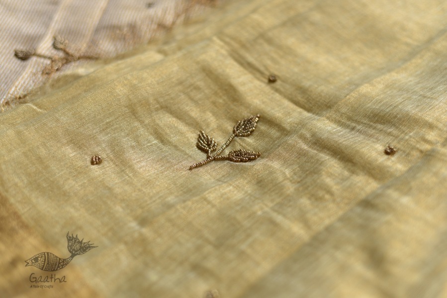 Handloom hand embroidered Linen Saree - pistachio green color
