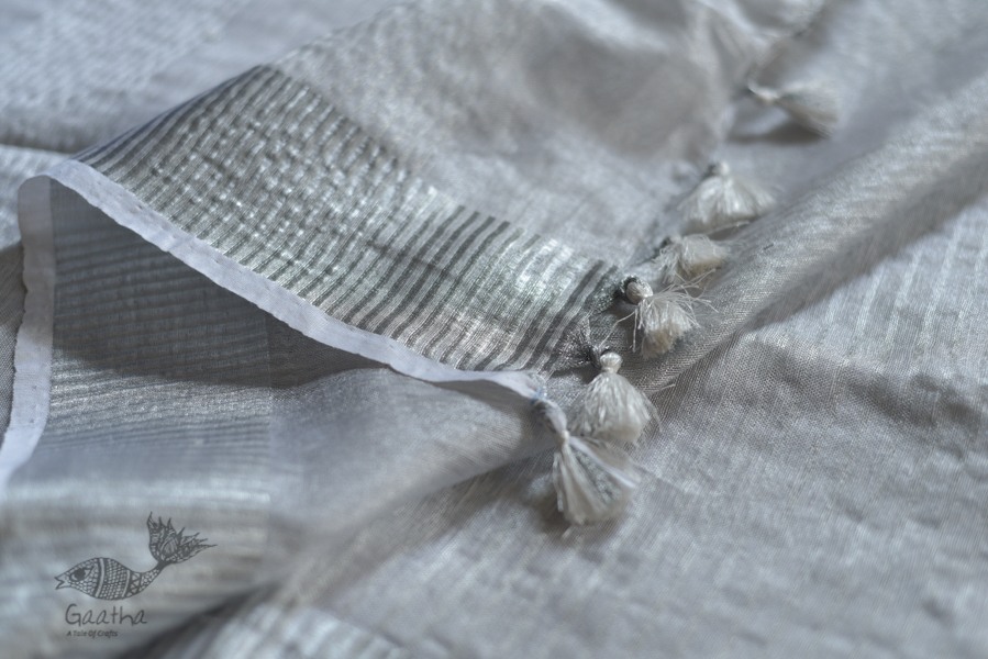  Hand Embroidered White Silver Linen Handloom Saree 