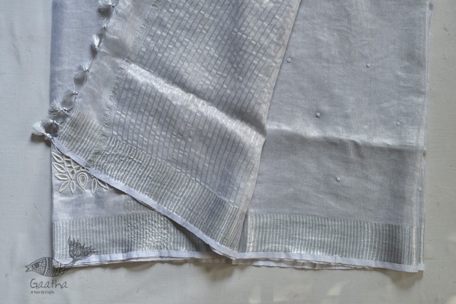  Hand Embroidered White Silver Linen Handloom Saree 