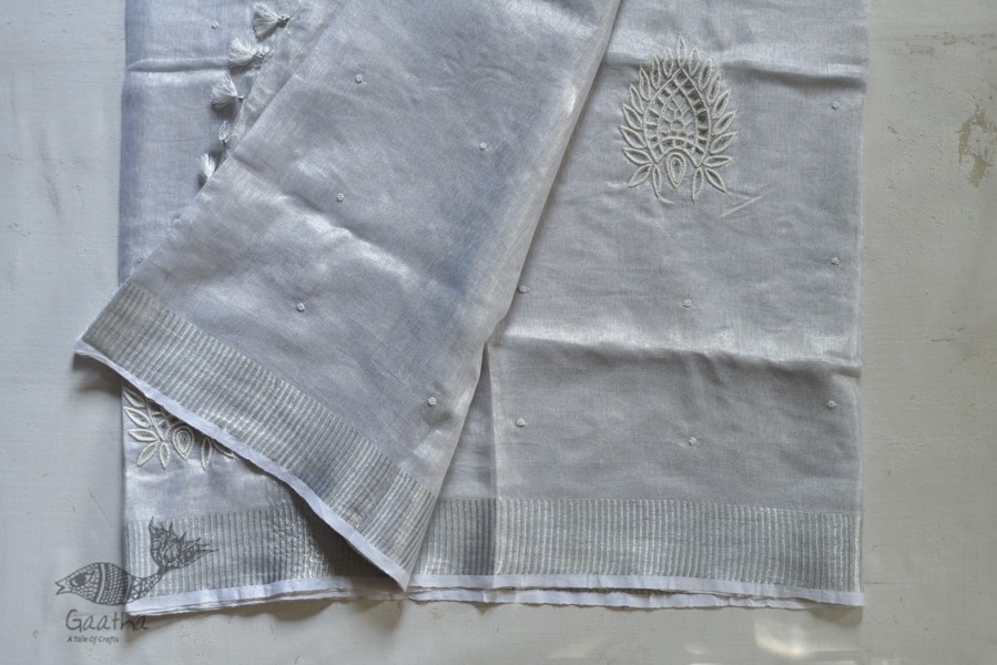  Hand Embroidered White Silver Linen Handloom Saree 