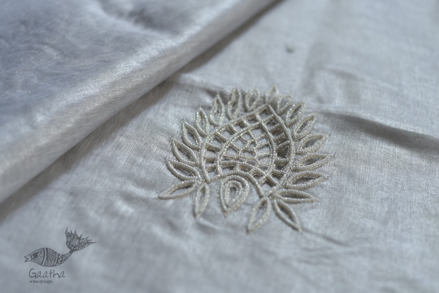  Hand Embroidered White Silver Linen Handloom Saree 