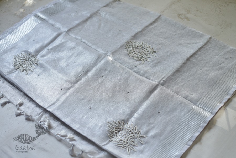  Hand Embroidered White Silver Linen Handloom Saree 