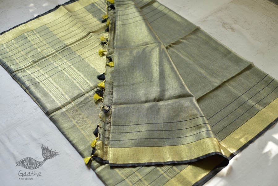 linen handloom saree - black and silver color