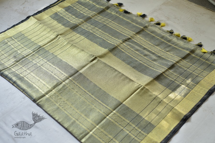 linen handloom saree - black and silver color