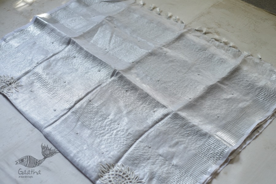  Hand Embroidered White Silver Linen Handloom Saree 