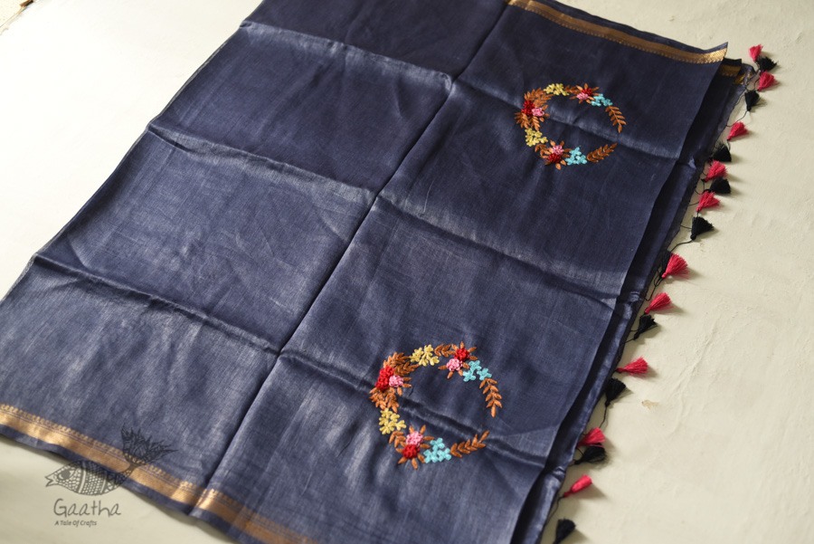 shop Handloom Silk Linen Blue Saree Embroidered