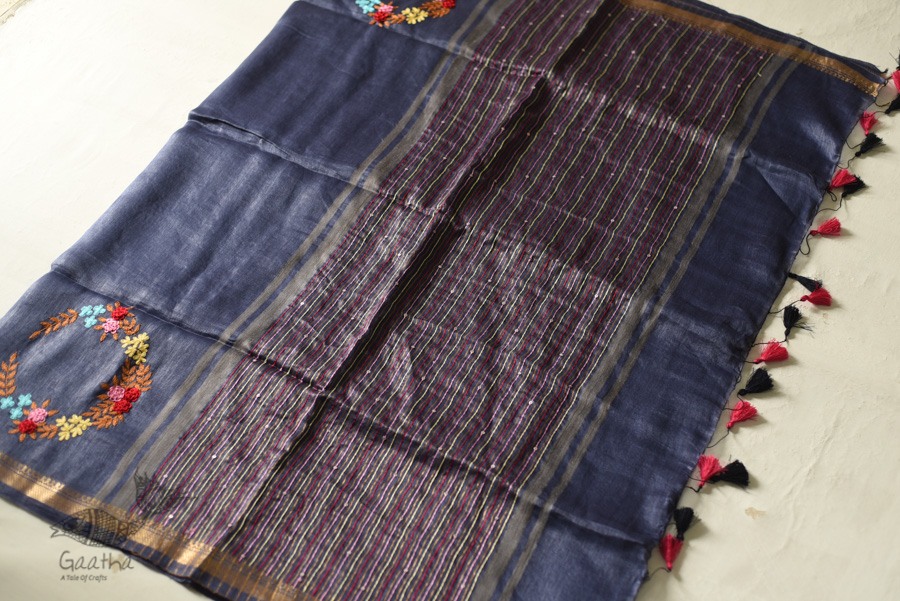 shop Handloom Silk Linen Blue Saree Embroidered